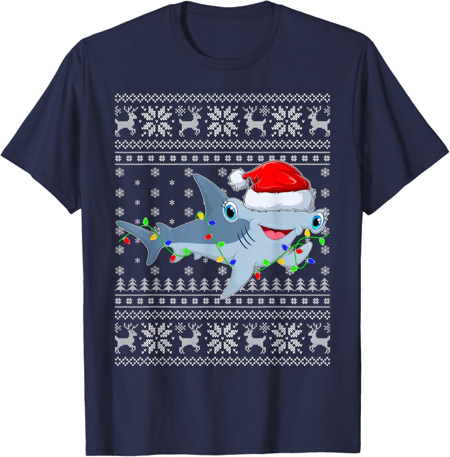 Ugly Sweater Xmas Lights Santa Hammerhead Shark Christmas T-Shirt - T-Shirt | Navy