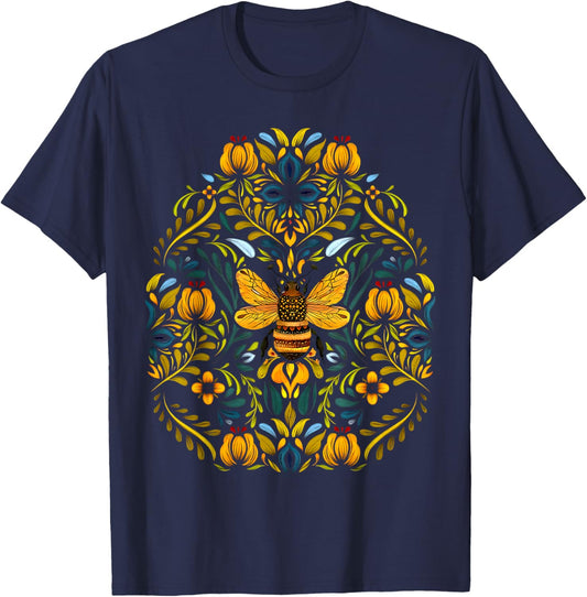 Scandinavian Folk Art Botanical Bee Boho Flower Cottagecore T-Shirt - T-Shirt | Navy