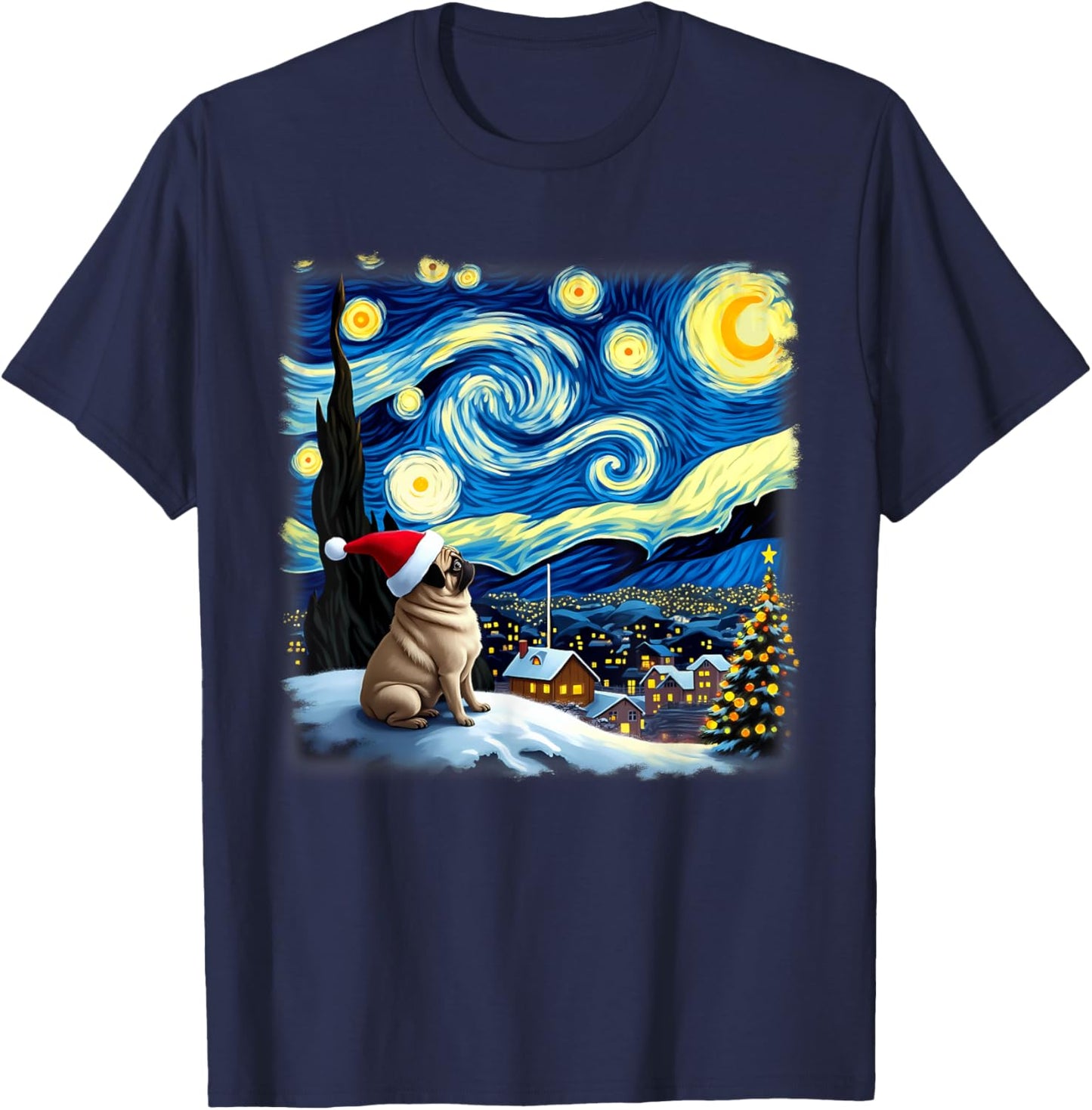 Christmas Pug Starry Night T-Shirt - T-Shirt | Navy