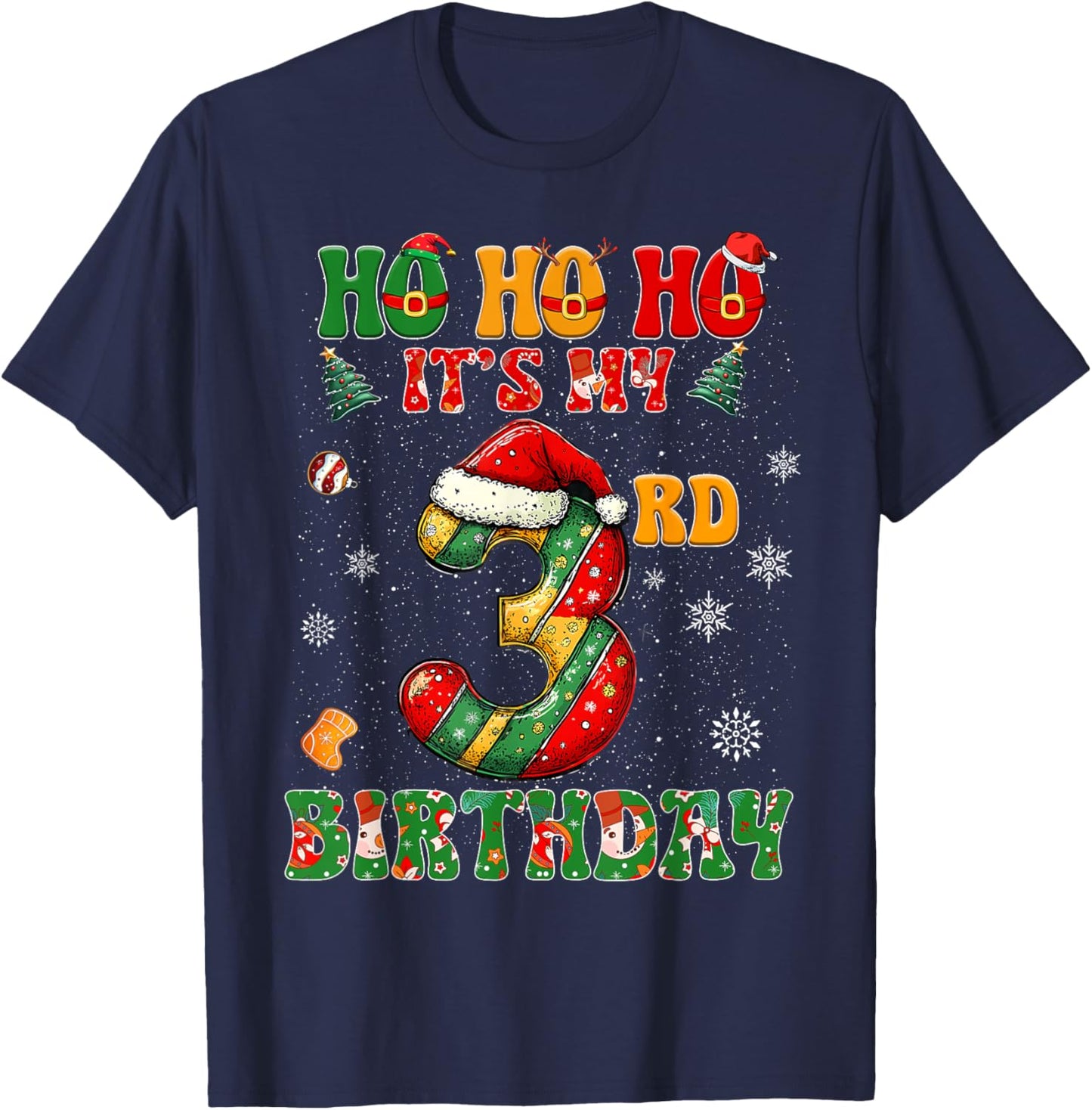 Ho Ho Ho It's My 3rd Birthday Xmas Candy Cane 3 Years Old T-Shirt - T-Shirt | Navy
