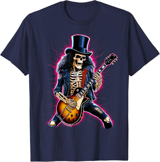 Skeleton Playing Guitar Rock & Roll Band 80s 90s Concert T-Shirt - T-Shirt | Navy