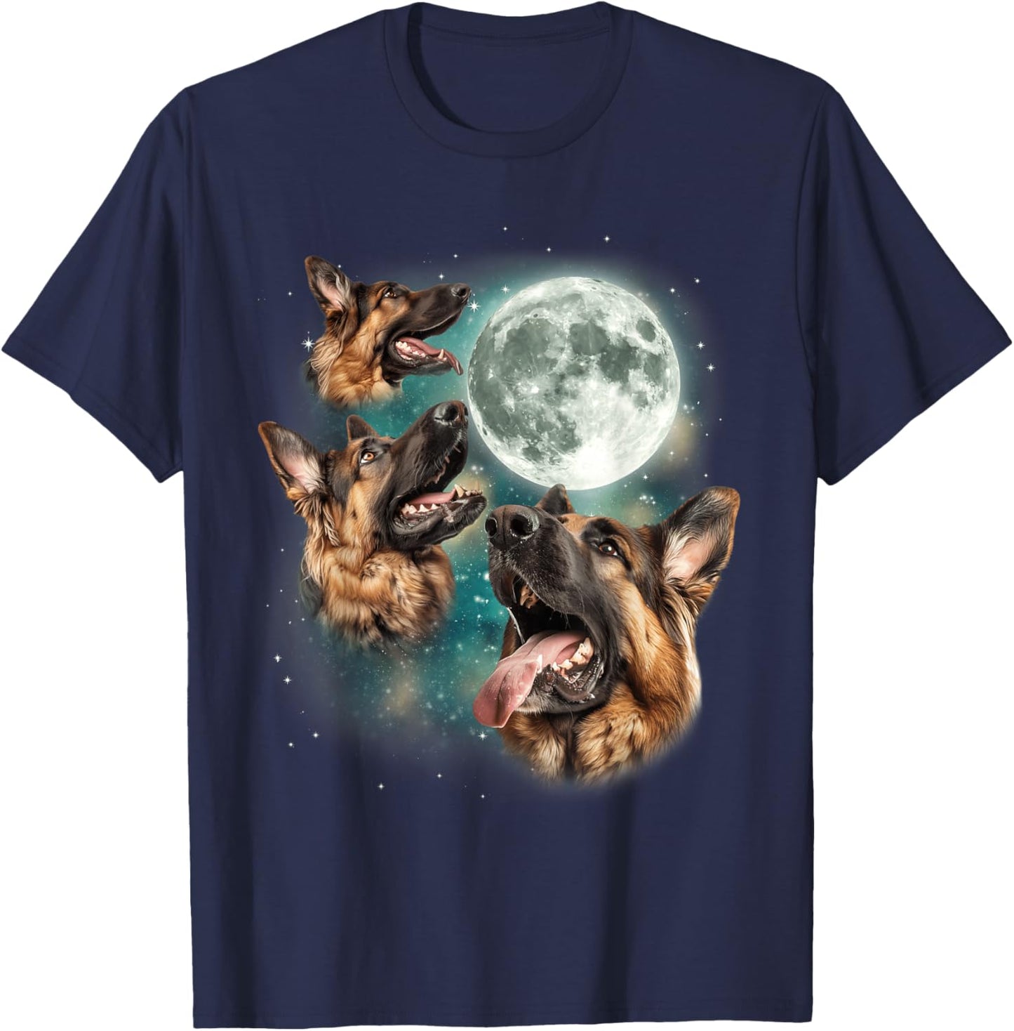 Three German Shepherd Moon | Funny Howling Dogs Canine Meme T-Shirt - T-Shirt | Navy