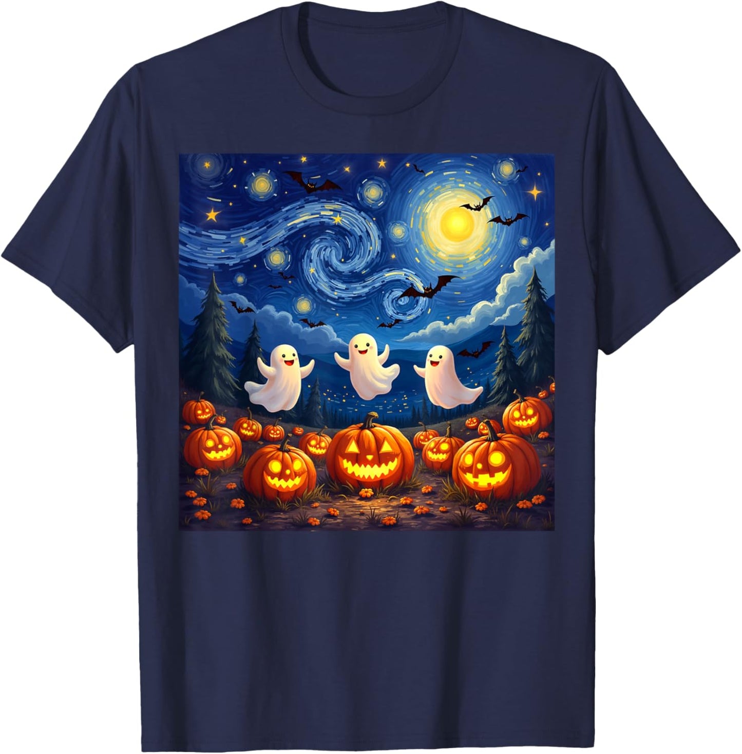 boo ghost halloween pumpkin Starry Night Van Gogh men women T-Shirt - T-Shirt | Navy