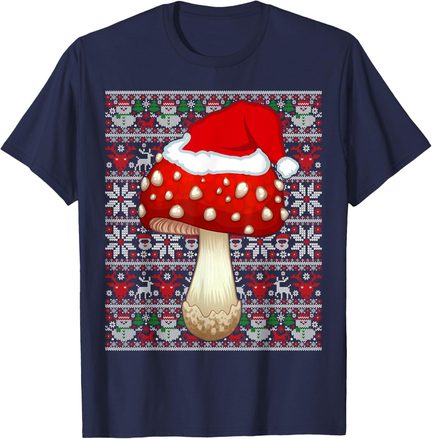 Santa Hat Ugly Christmas Sweater Mushroom Fruit Lovers T-Shirt - T-Shirt | Navy