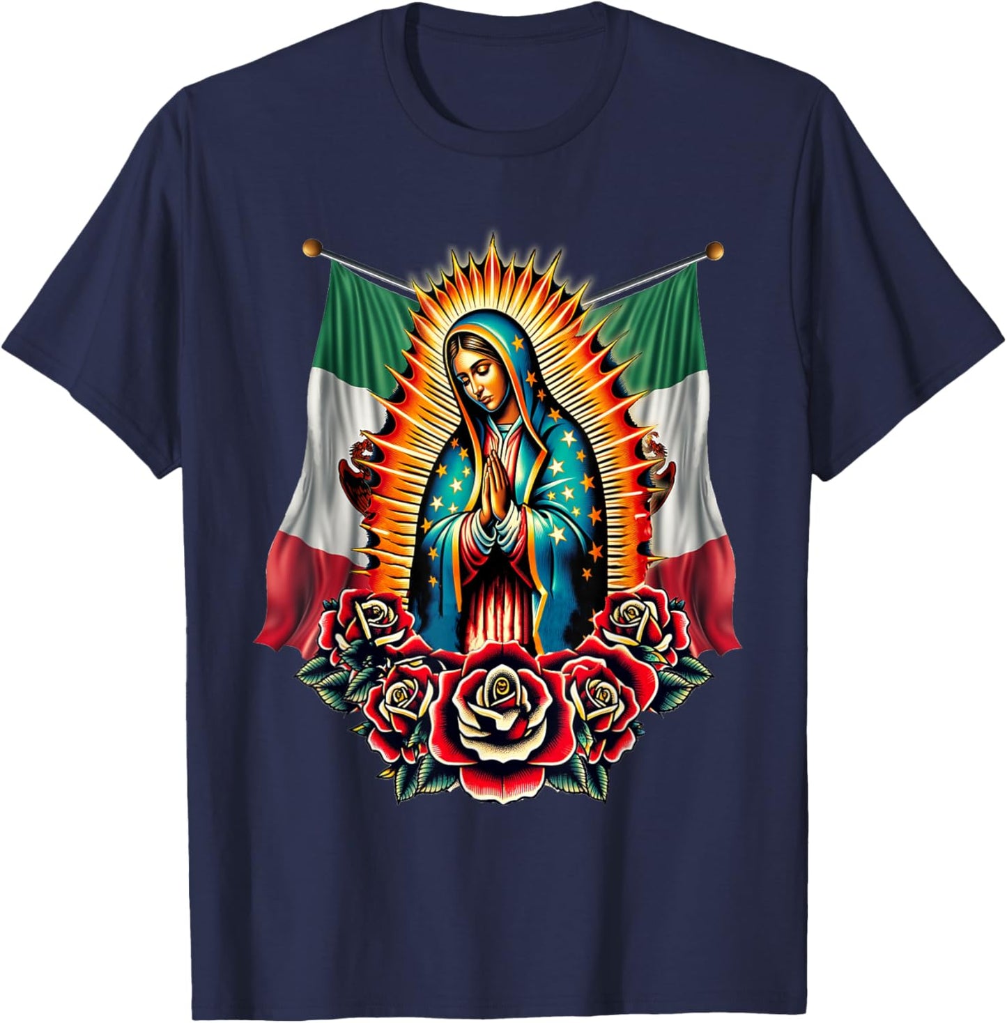 Our Lady Virgen De Guadalupe Virgin Mary Mexican Flag T-Shirt - T-Shirt | Navy