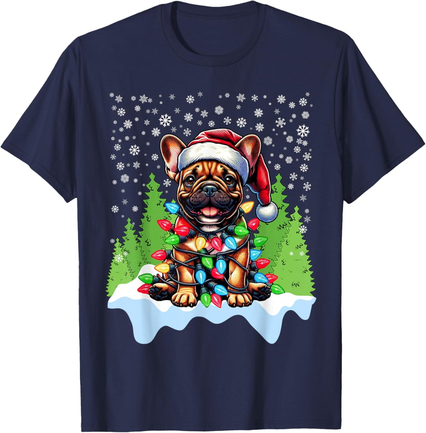 French Bulldog Christmas Santa Hat Lights Tree Snowflakes T-Shirt - T-Shirt | Navy