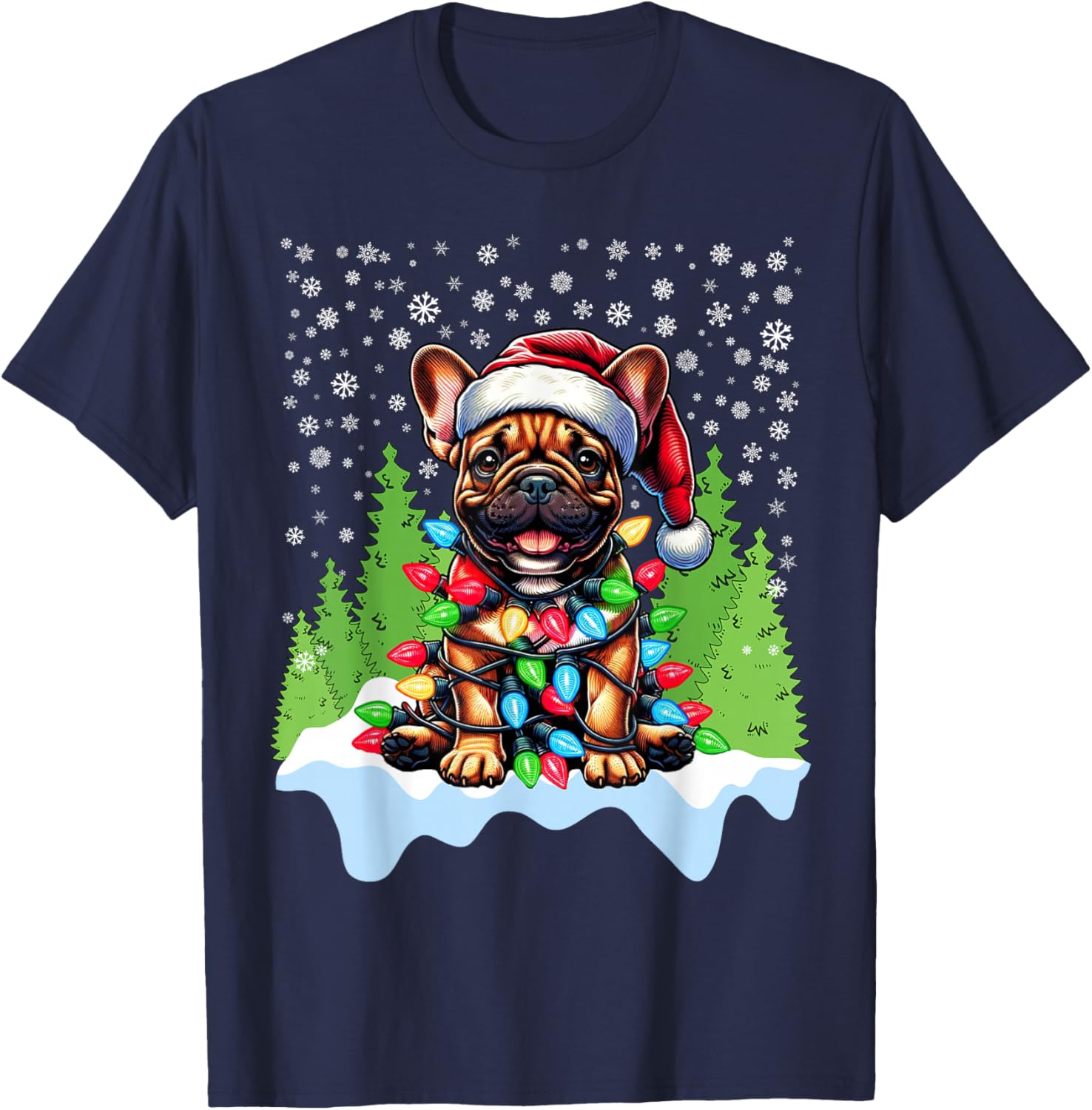 French Bulldog Christmas Santa Hat Lights Tree Snowflakes T-Shirt - T-Shirt | Navy