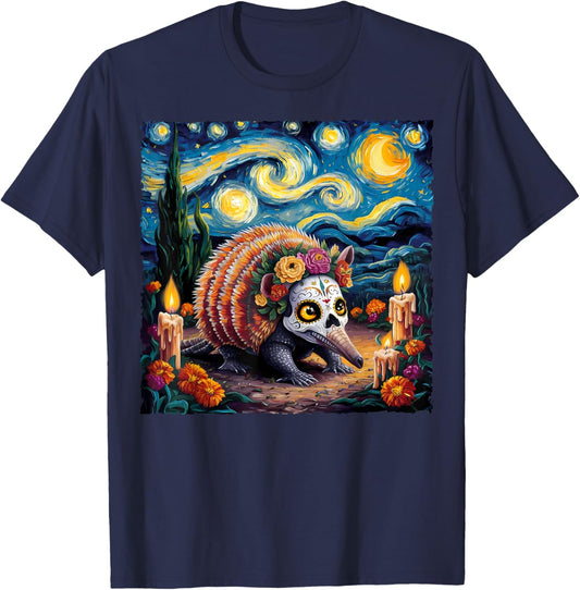 Armadillo Van Gogh Style The Starry Night Day Of Dead Funny T-Shirt - T-Shirt | Navy