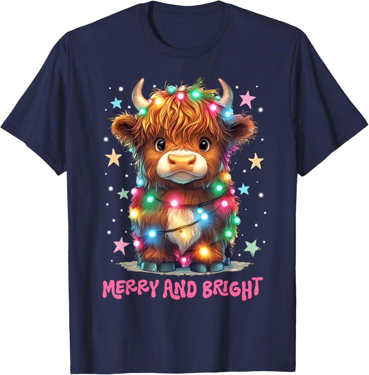 Merry And Bright Cute Highland Cow Christmas Xmas Lights T-Shirt - T-Shirt | Navy