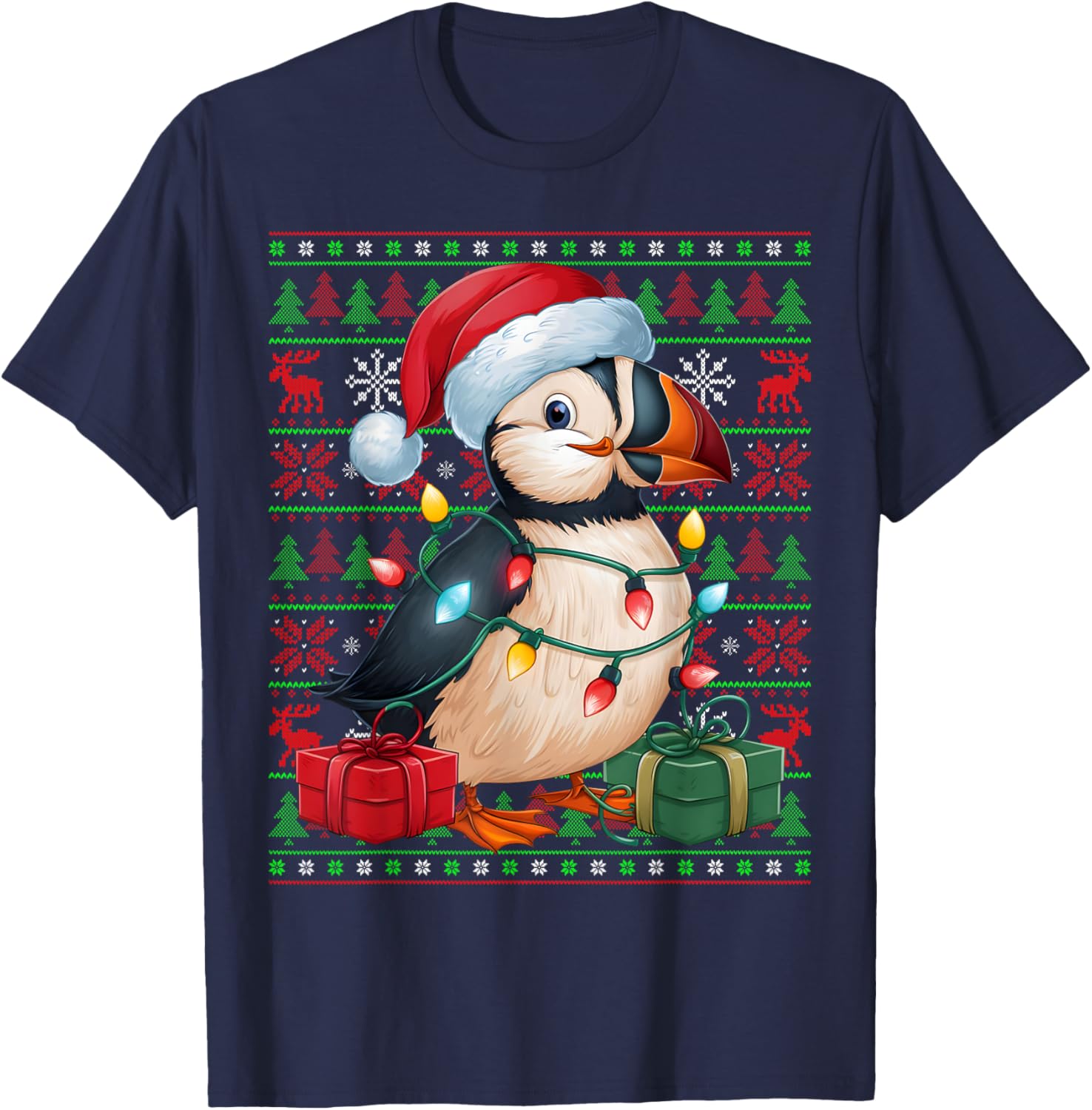 Puffin Bird Xmas Lights Ugly Santa Hat Puffin Christmas T-Shirt - T-Shirt | Navy