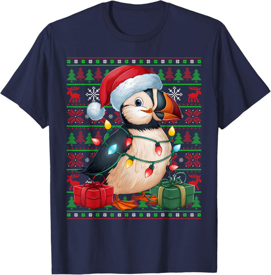 Puffin Bird Xmas Lights Ugly Santa Hat Puffin Christmas T-Shirt - T-Shirt | Navy