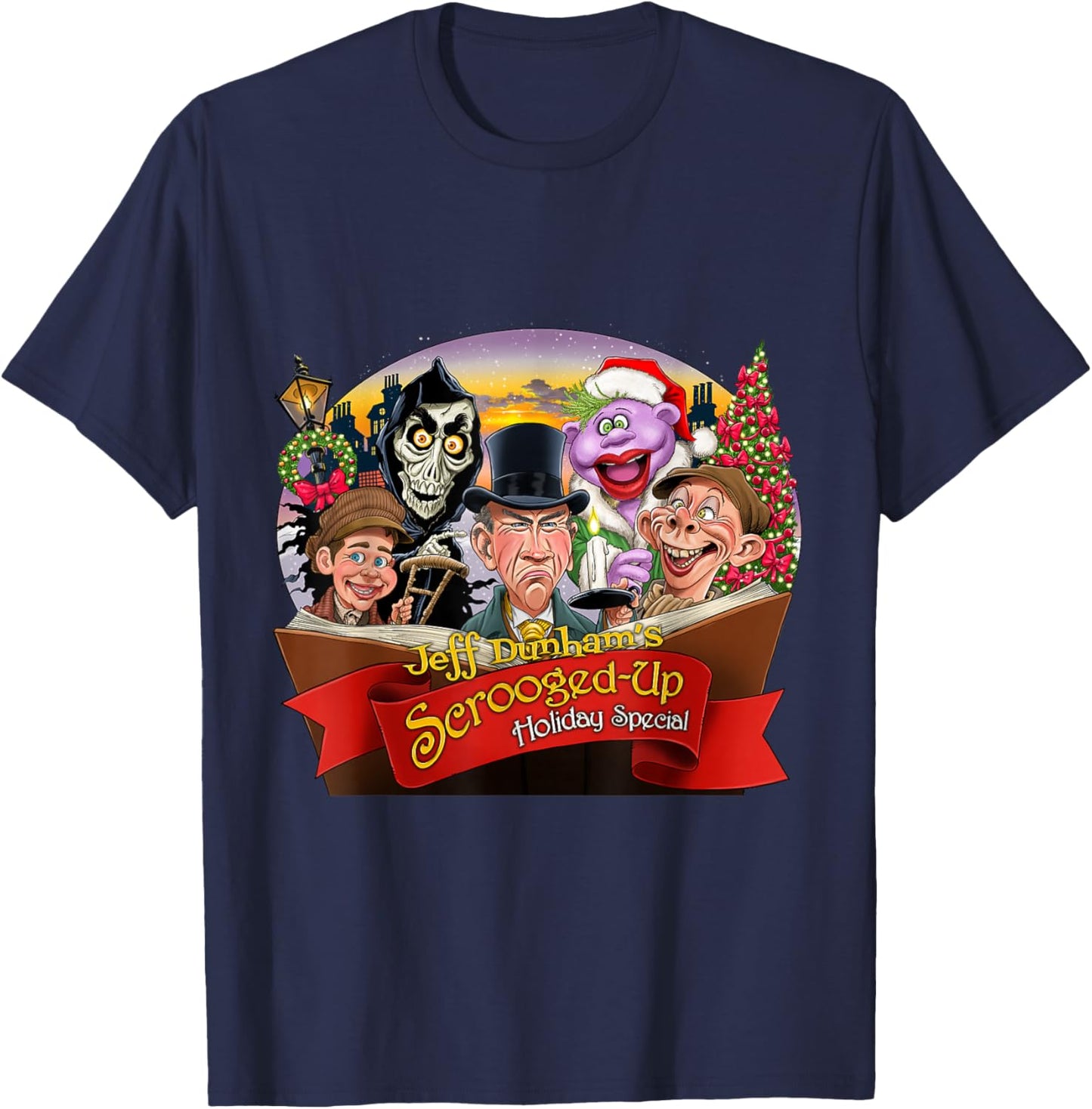 Jeff Dunham 2024 Holiday - Black, -Adults/Kids, Short Sleeve, Cartoon Holiday Character, Classic Fit, Polyester 100% Cotton Blend, Size Small T-Shirt - T-Shirt | Navy