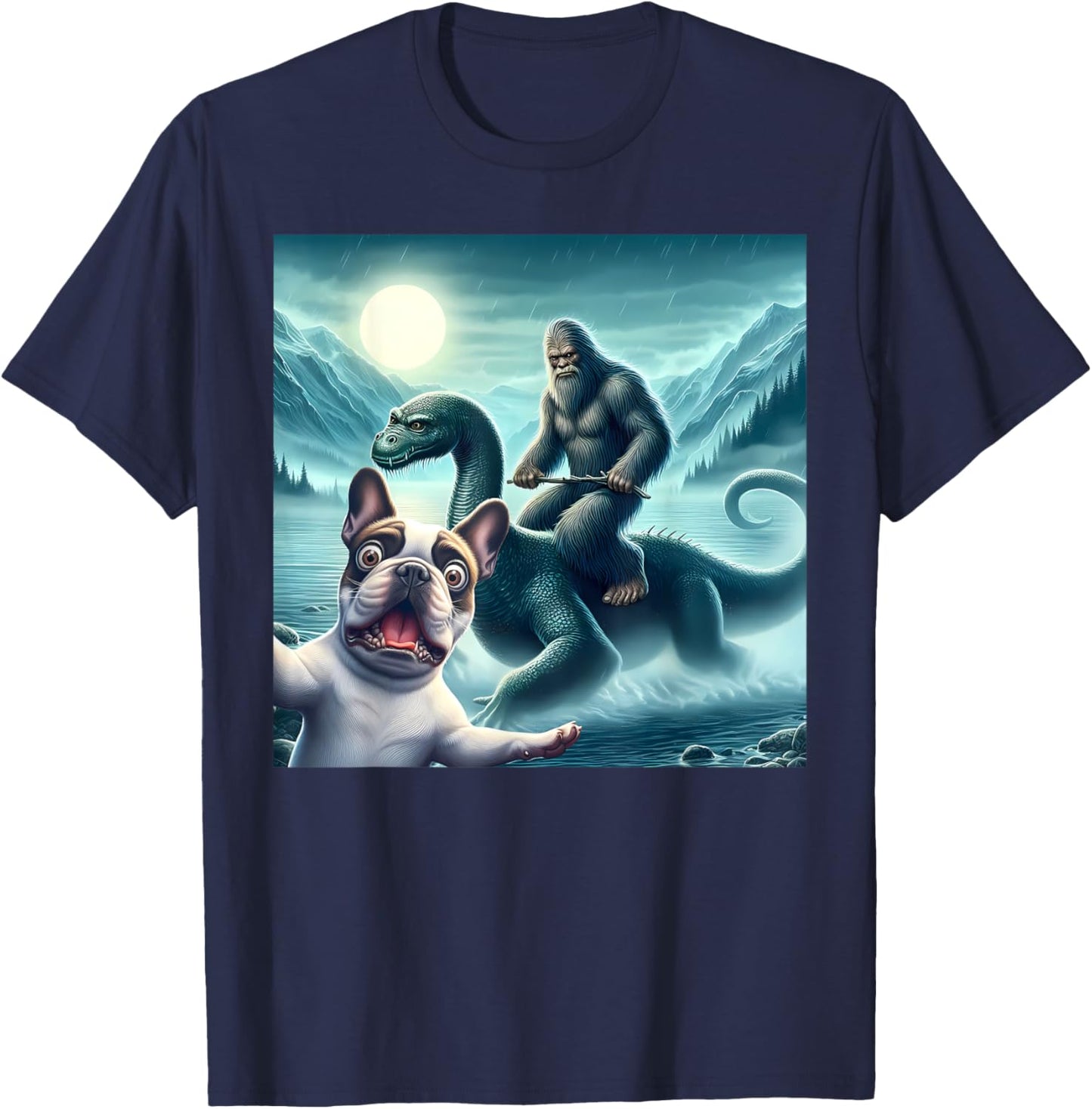 French bulldog Selfie with bigfoot riding loch Ness T-Shirt - T-Shirt | Navy
