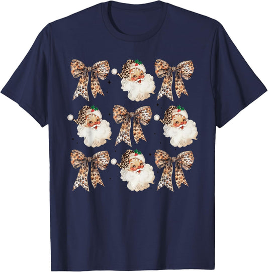 Cute Santa Christmas Xmas Coquette Bow Leopard Girls T-Shirt - T-Shirt | Navy