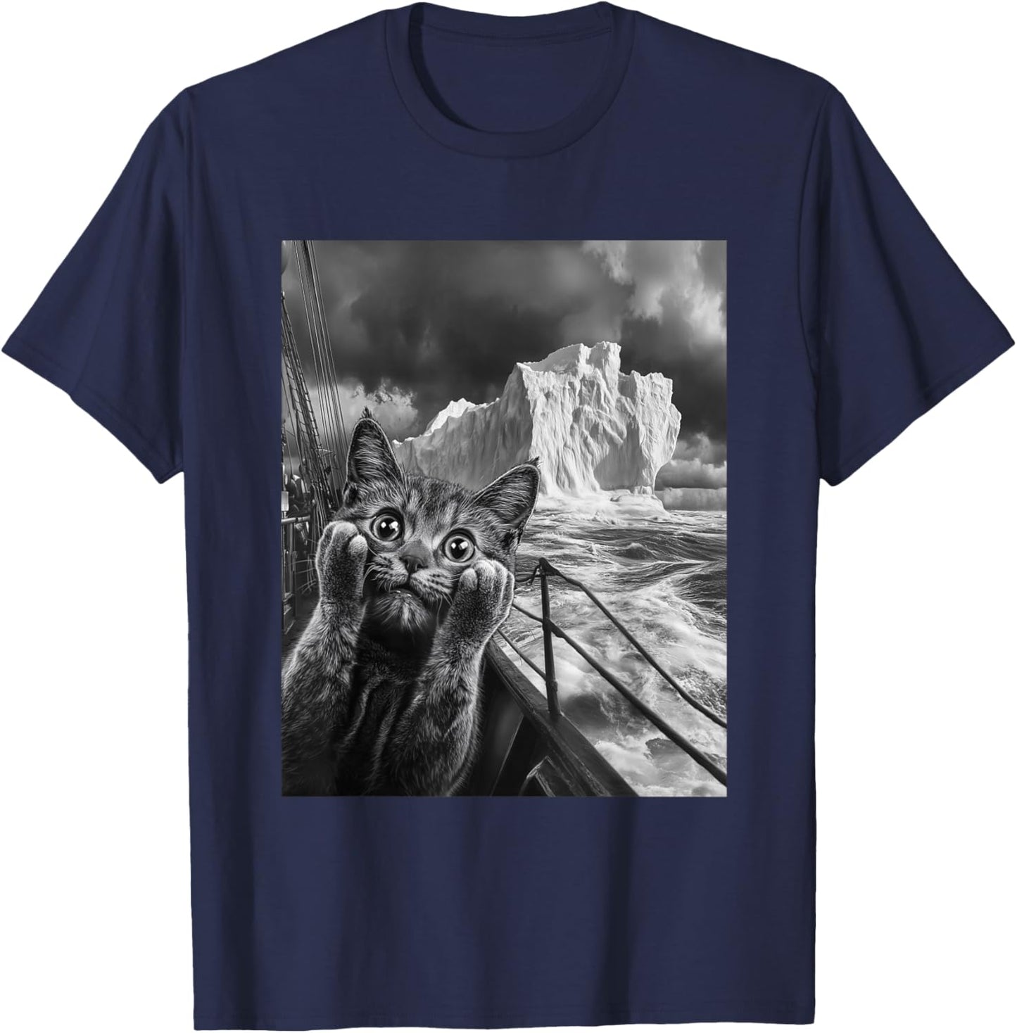 Funny Titanic Iceberg Scared Surprised Cat Selfie T-Shirt - T-Shirt | Navy
