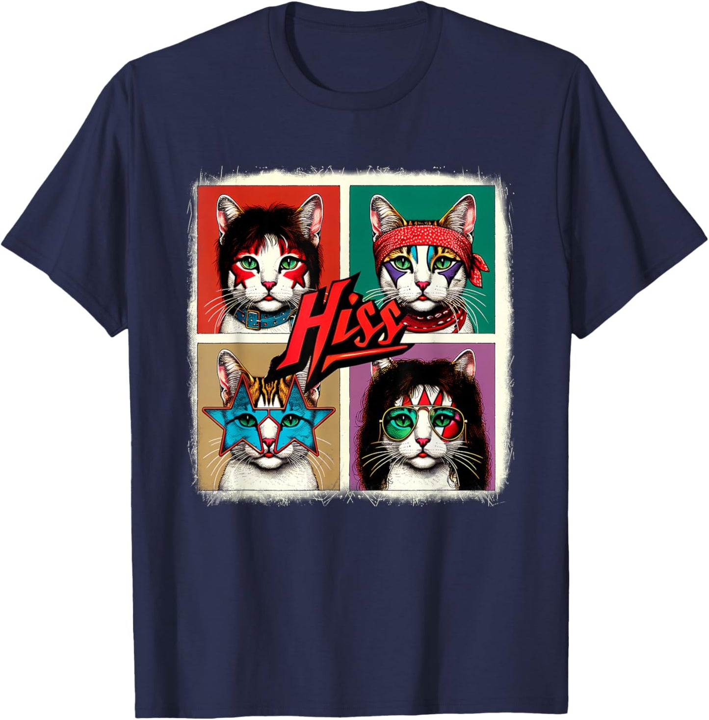 Rock Band Retro Cat Music Concert Band 70s 09S0SR T-Shirt - T-Shirt | Navy