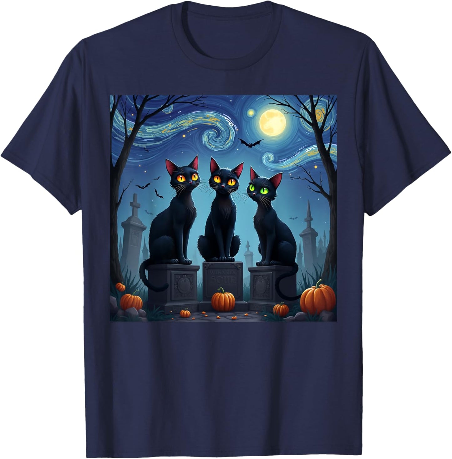 Black Cat Halloween Cat Lovers Starry Night Cat Van Gogh men T-Shirt - T-Shirt | Navy
