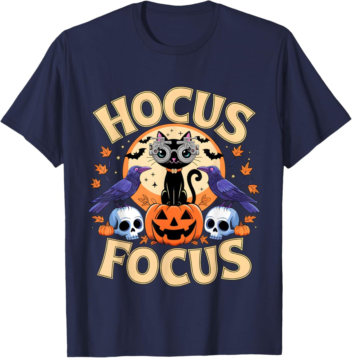 Hocus Focus Optometry Halloween Shirt Eye Doctor Cat Spooky T-Shirt - T-Shirt | Navy