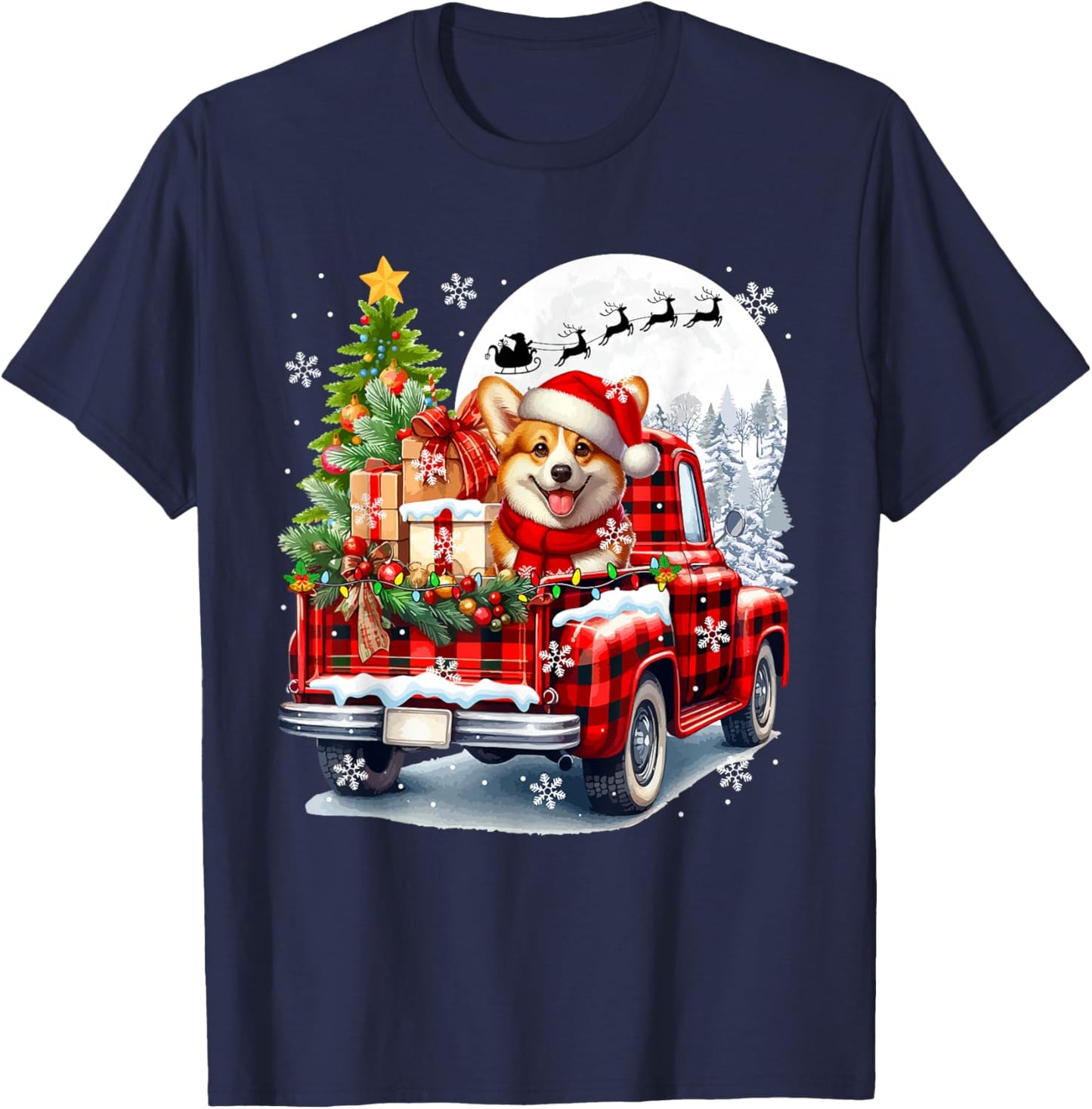 Santa Corgi On Pickup Truck Christmas Owner Kids Family T-Shirt - T-Shirt | Navy