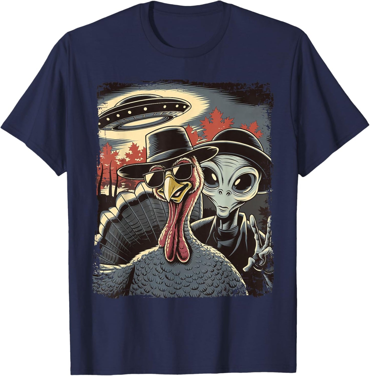 Alien Selfie With Turkey Thanksgiving Funny Photo UFO T-Shirt - T-Shirt | Navy