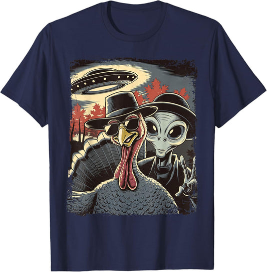 Alien Selfie With Turkey Thanksgiving Funny Photo UFO T-Shirt - T-Shirt | Navy