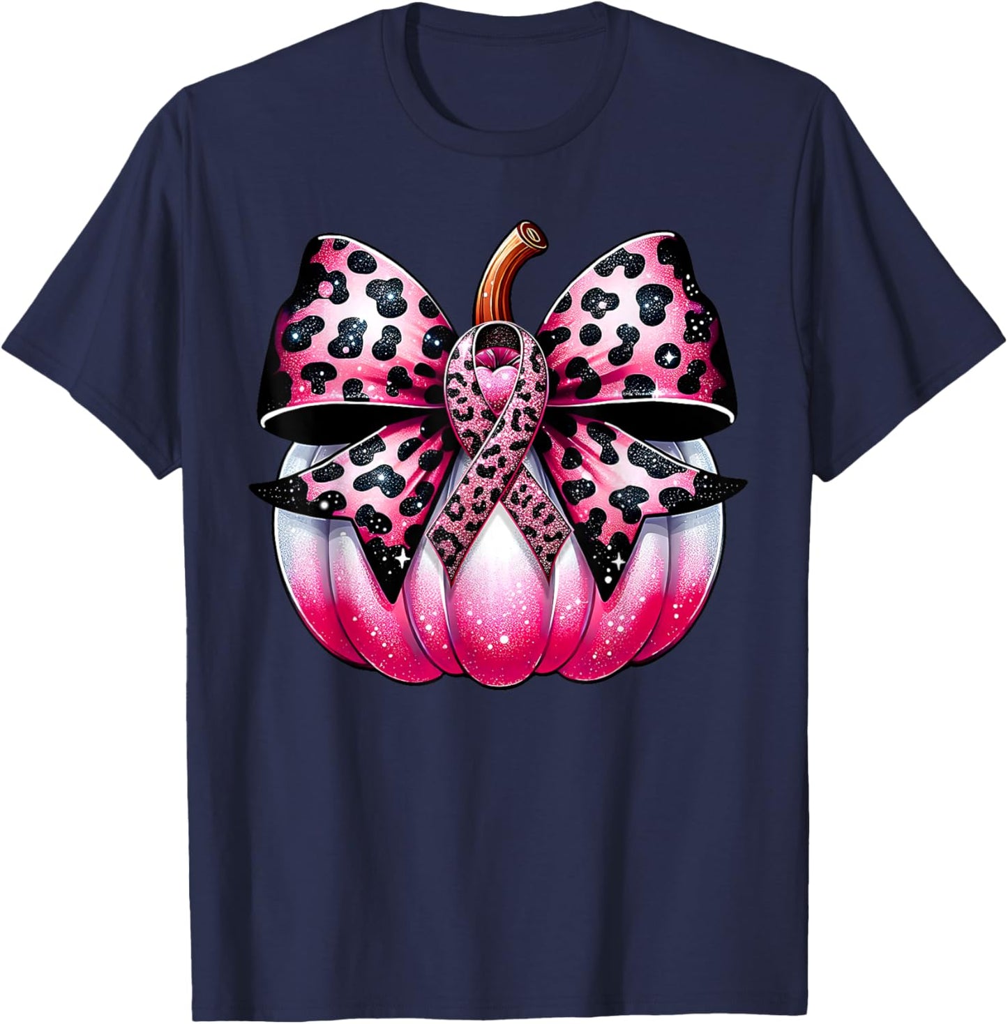 Coquette Bow Pumpkin Pink Ribbon Breast Cancer Awareness T-Shirt - T-Shirt | Navy