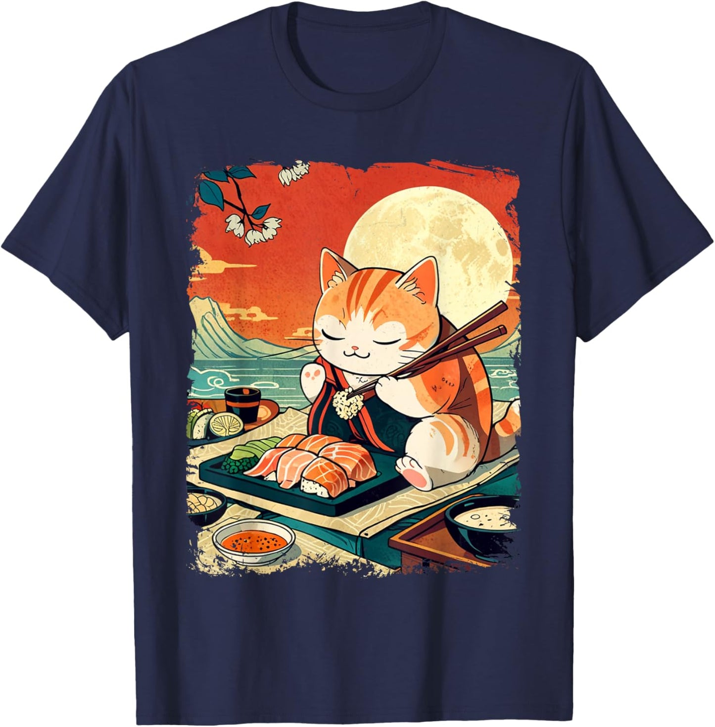 Ukiyo-e Art Japanese Funny Cat Eating Sushi T-Shirt - T-Shirt | Navy