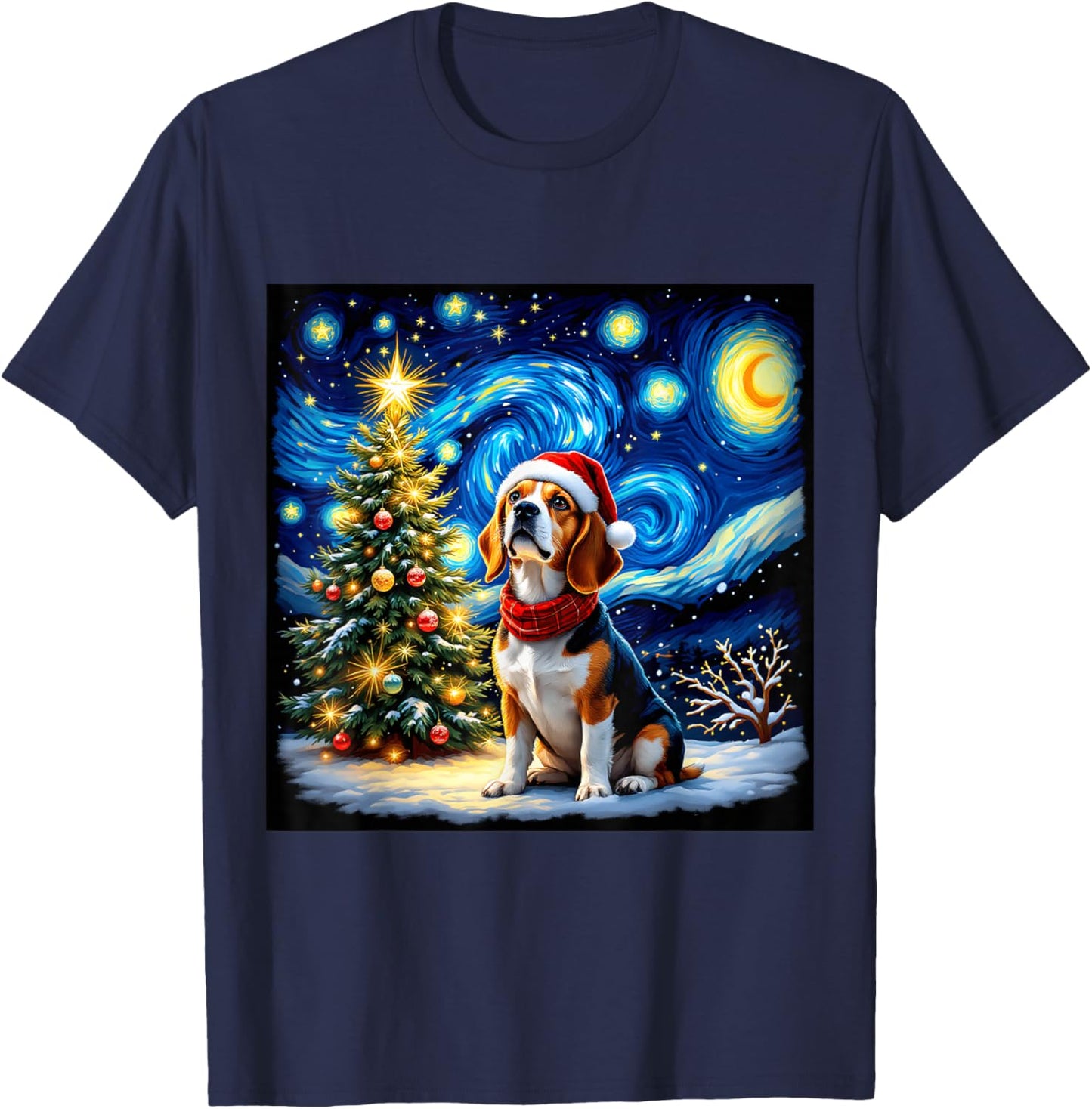 Beagle Starry Night Christmas Van Gogh Dog Santa Hat Holiday T-Shirt - T-Shirt | Navy