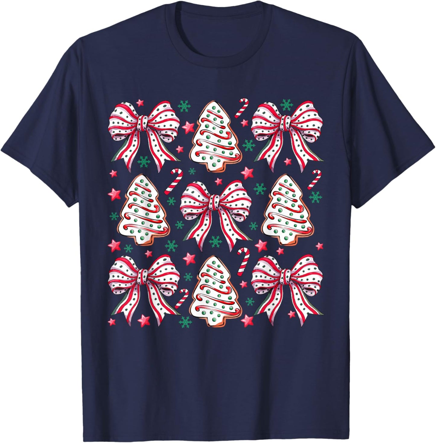 Coquette Bow Tree Cake Candy Cane Merry Christmas Women Kids T-Shirt - T-Shirt | Navy