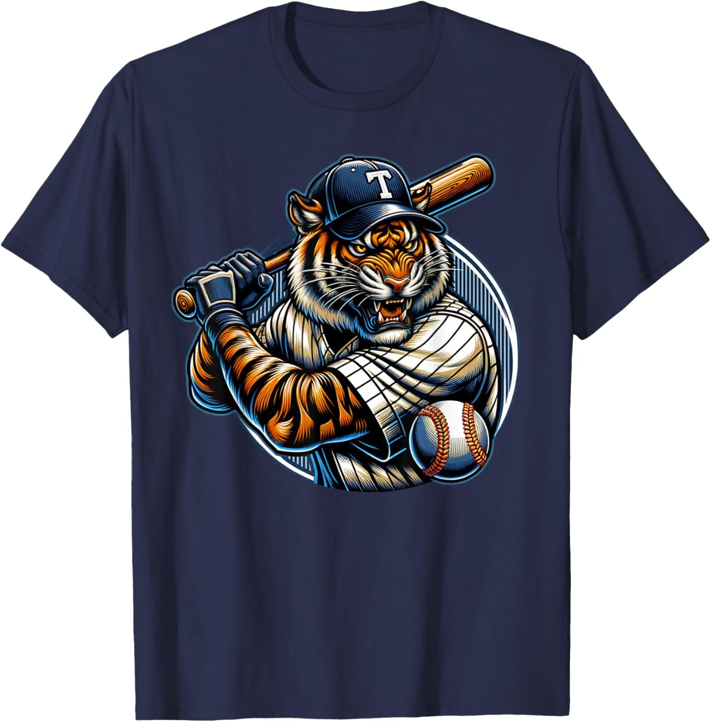 Funny Vintage Tiger Playing Baseball Cute Baseball Men Women T-Shirt - T-Shirt | Navy