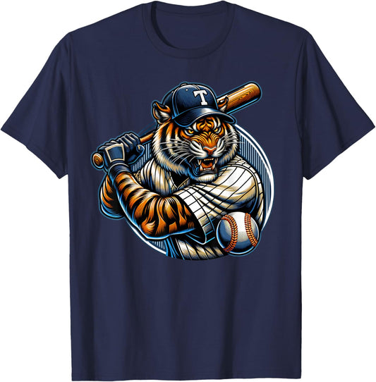 Funny Vintage Tiger Playing Baseball Cute Baseball Men Women T-Shirt - T-Shirt | Navy
