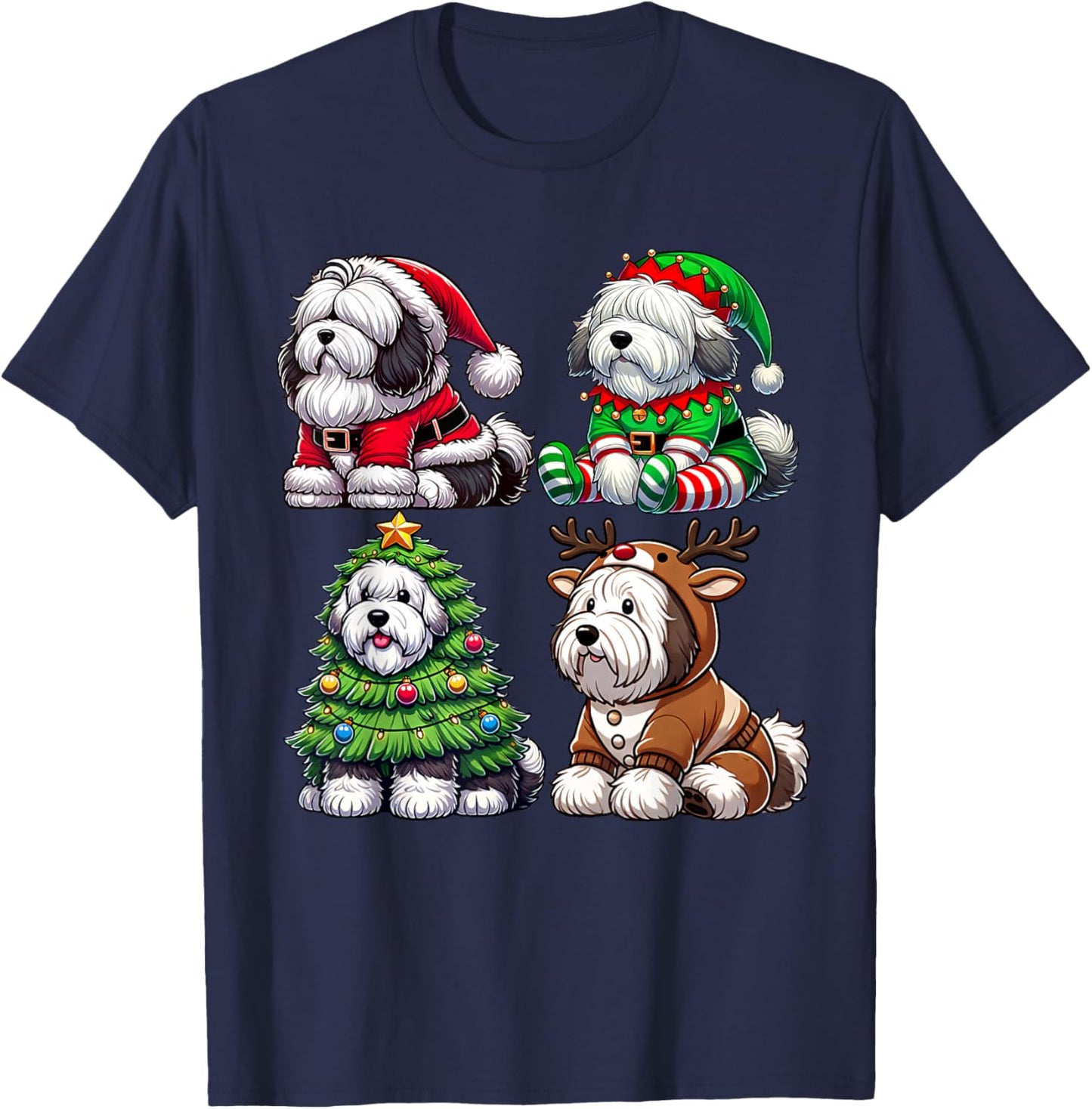 Old English Sheepdog Christmas Tree Santa Elf Costume Dog T-Shirt - T-Shirt | Navy