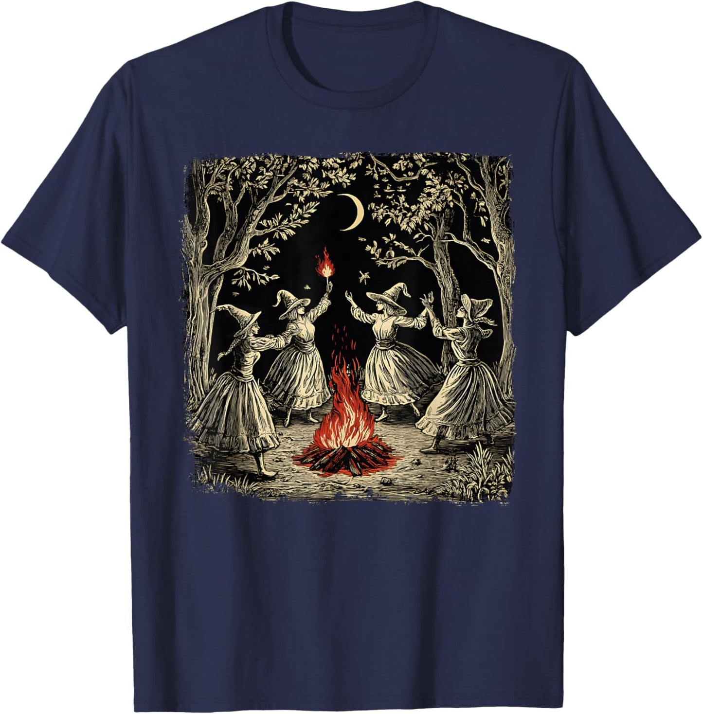 Vintage Witch Coven Dancing Around Bonfire Halloween Witches T-Shirt - T-Shirt | Navy
