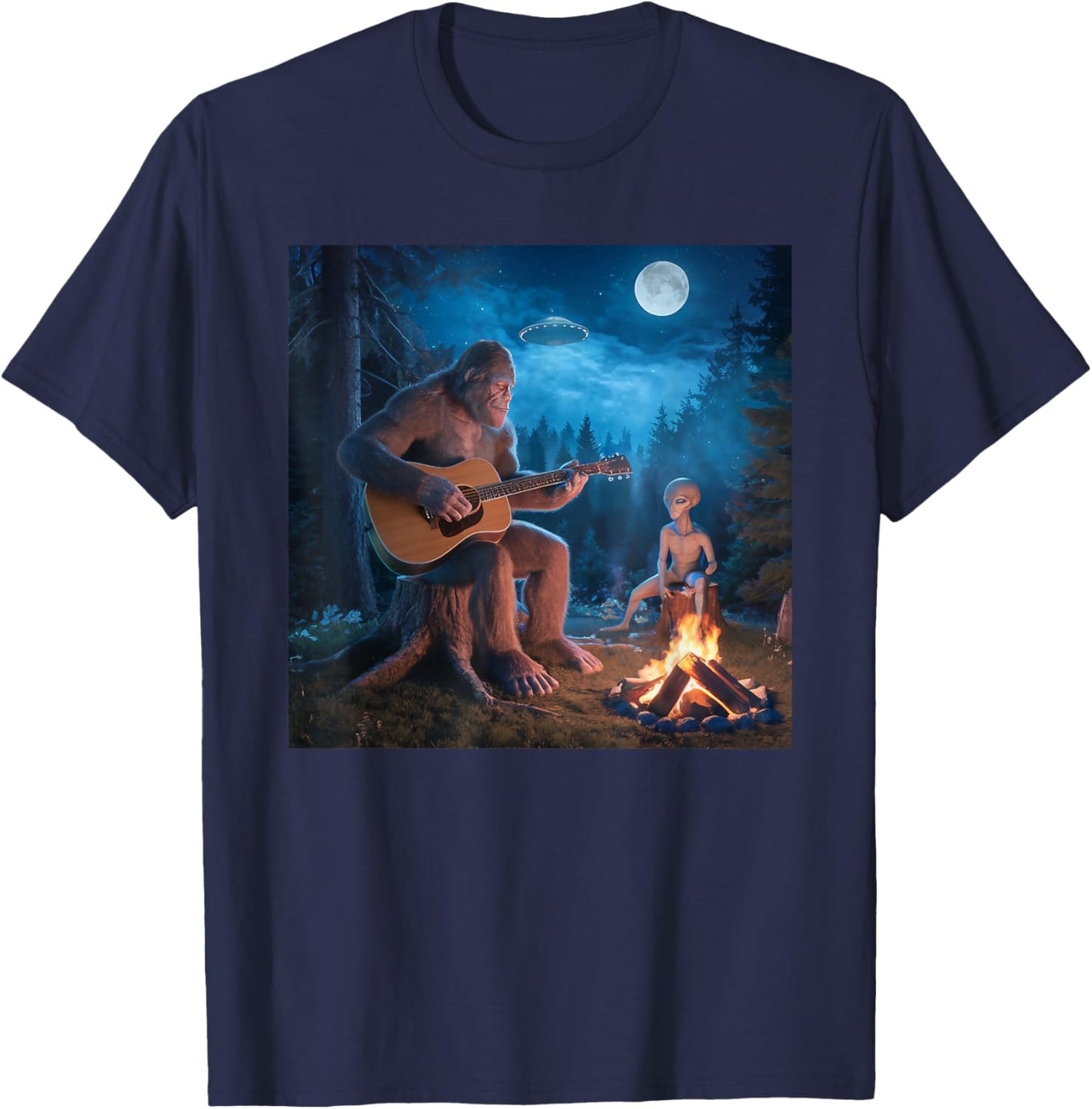 Bigfoot Alien Sasquatch Campfire UFO Music Night Scene T-Shirt - T-Shirt | Navy