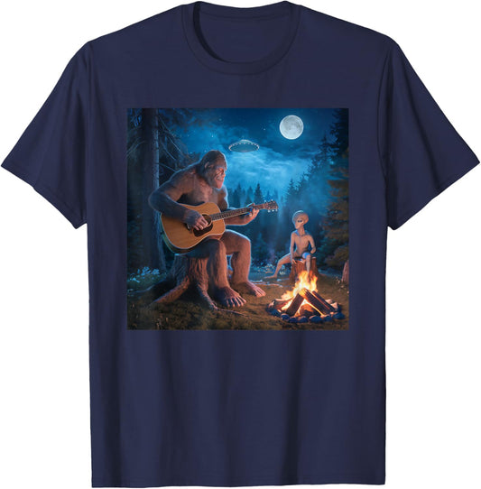 Bigfoot Alien Sasquatch Campfire UFO Music Night Scene T-Shirt - T-Shirt | Navy