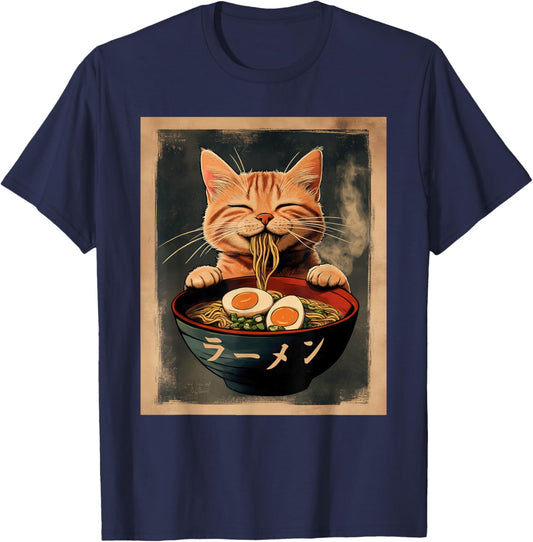 Funny Ginger Cat Ramen Japanese Kawaii Anime T-Shirt - T-Shirt | Navy
