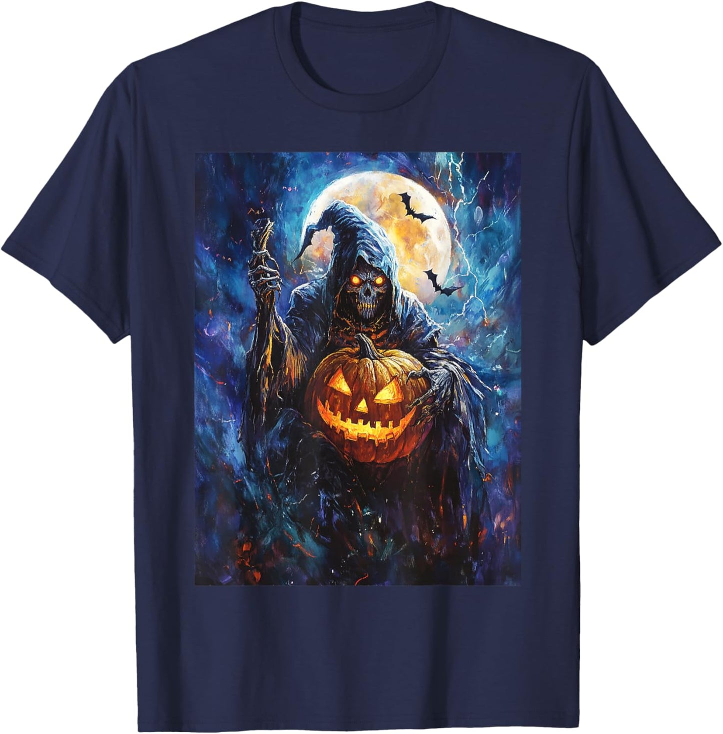 Halloween Spooky Pumpkin Design Scary Grim Reaper Halloween T-Shirt - T-Shirt | Navy