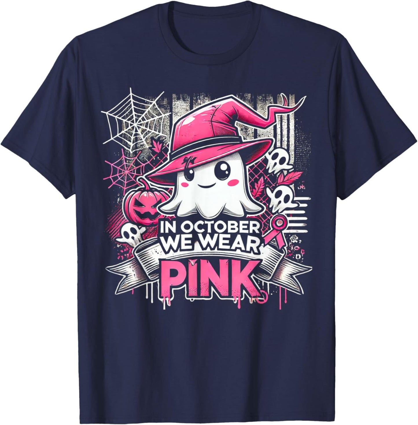October We Wear Pink Ghost Witch Halloween T-Shirt - T-Shirt | Navy
