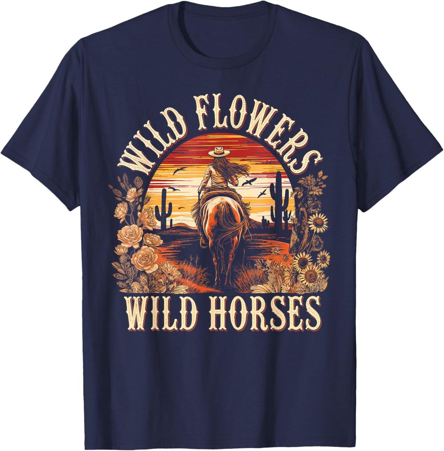 Vintage Flowers Horses Cowgirl Western Sunset Riding Horse T-Shirt - T-Shirt | Navy