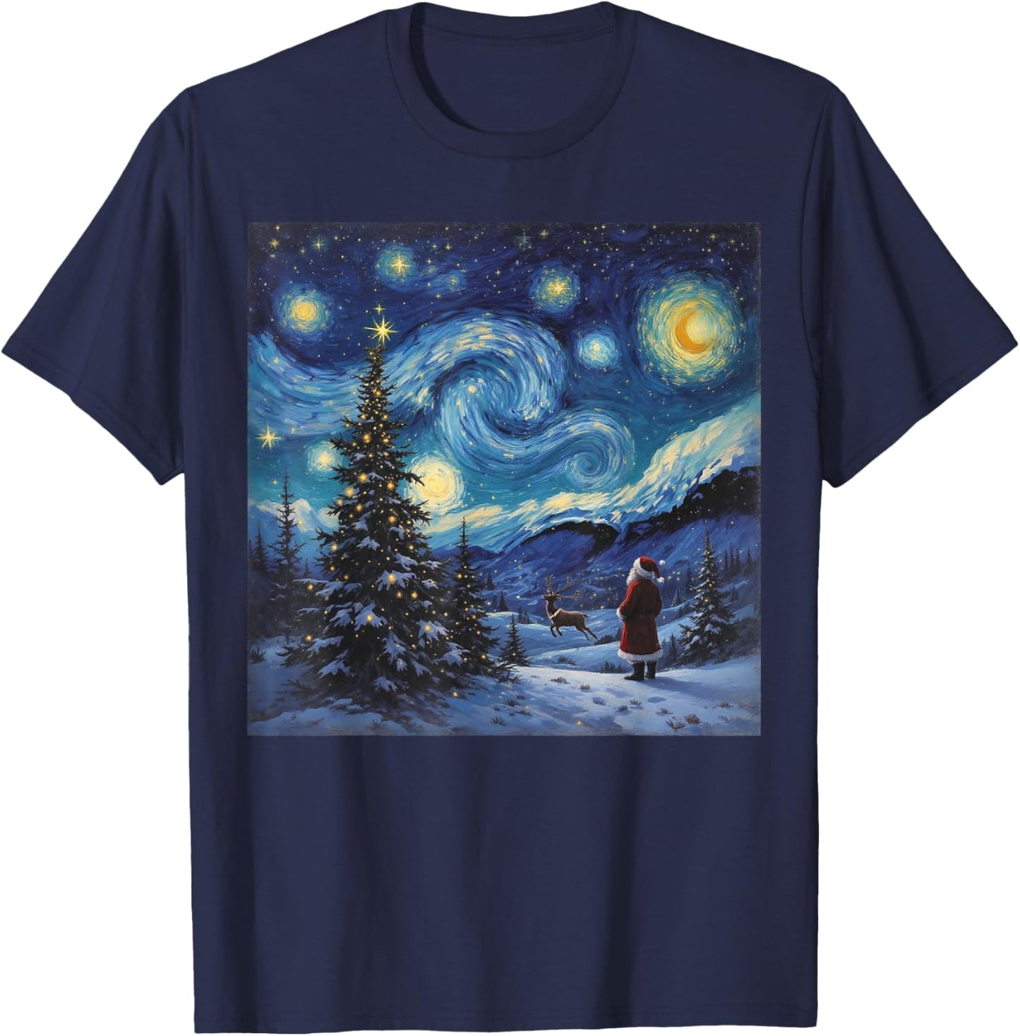Xmas Santa Van Gogh Famous Painting Starry Night Christmas T-Shirt - T-Shirt | Navy