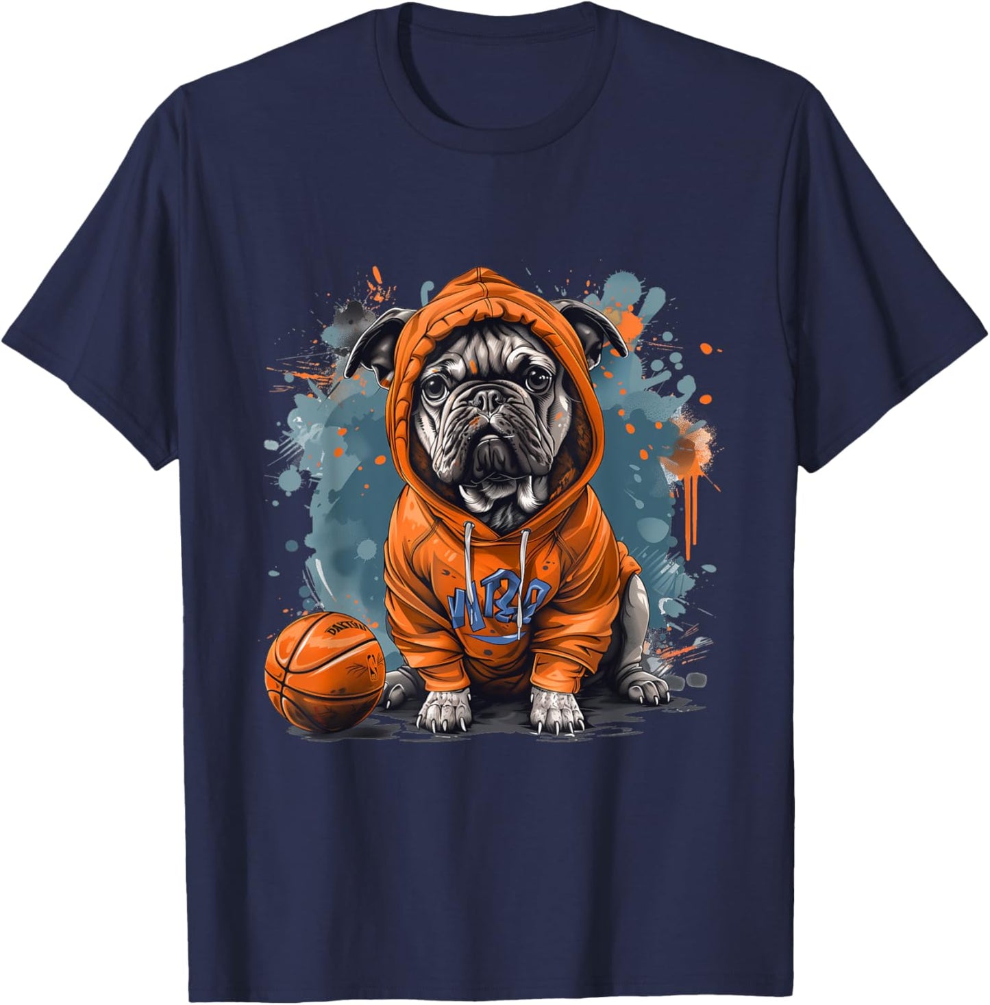 Cute French Bulldog Basketball Cool Dog Sports Orange Blue T-Shirt - T-Shirt | Navy