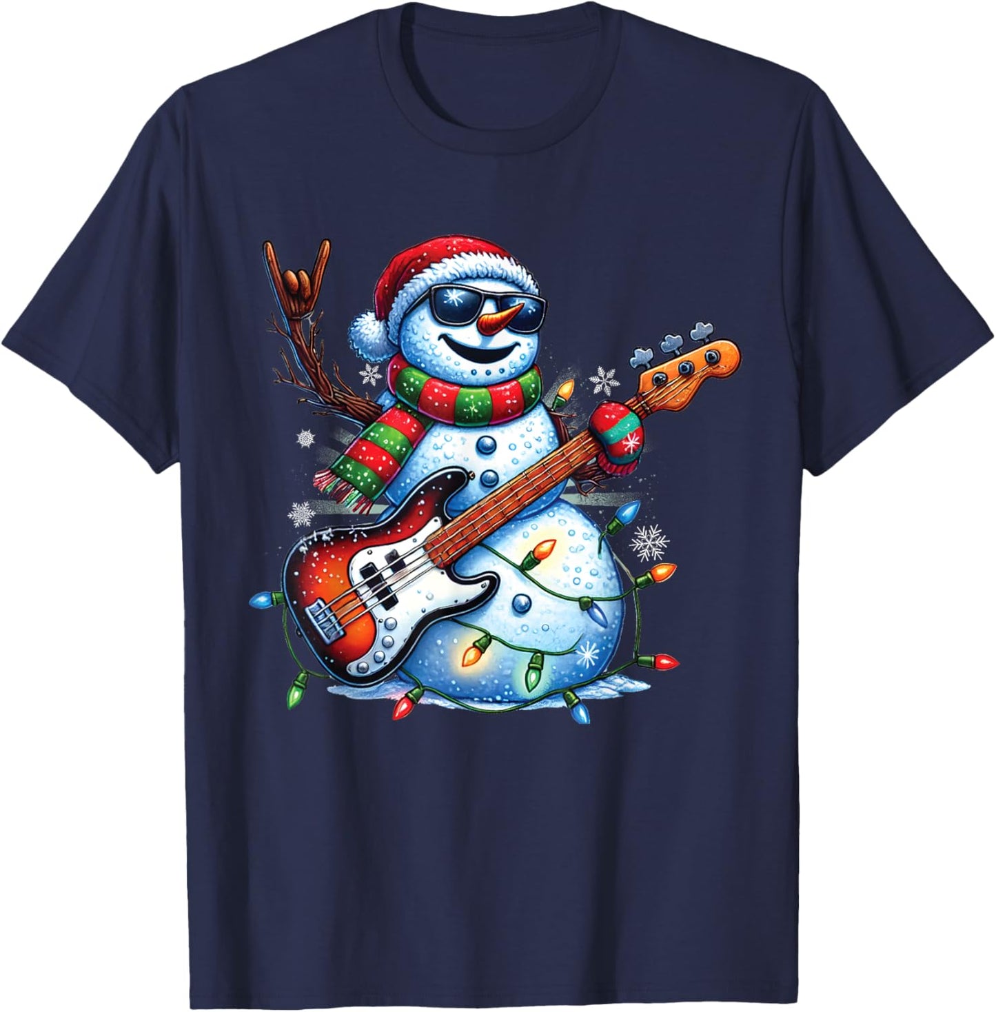 Funny Snowman Playing Guitar Christmas Musician Guitarist T-Shirt - T-Shirt | Navy