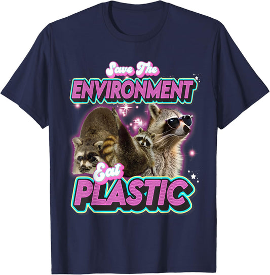 save the environment eat plastic raccoon Funny Cute Cat Meme T-Shirt - T-Shirt | Navy