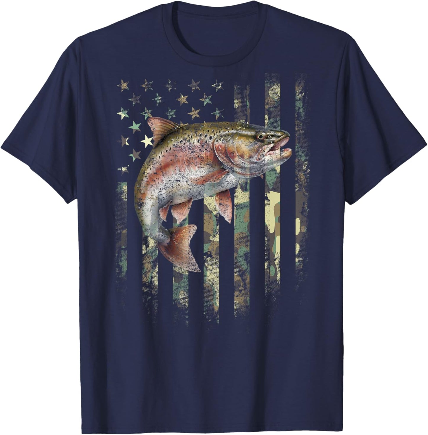 (Art on Back) Camo American Flag Trout Fish Fishing T-Shirt - T-Shirt | Navy