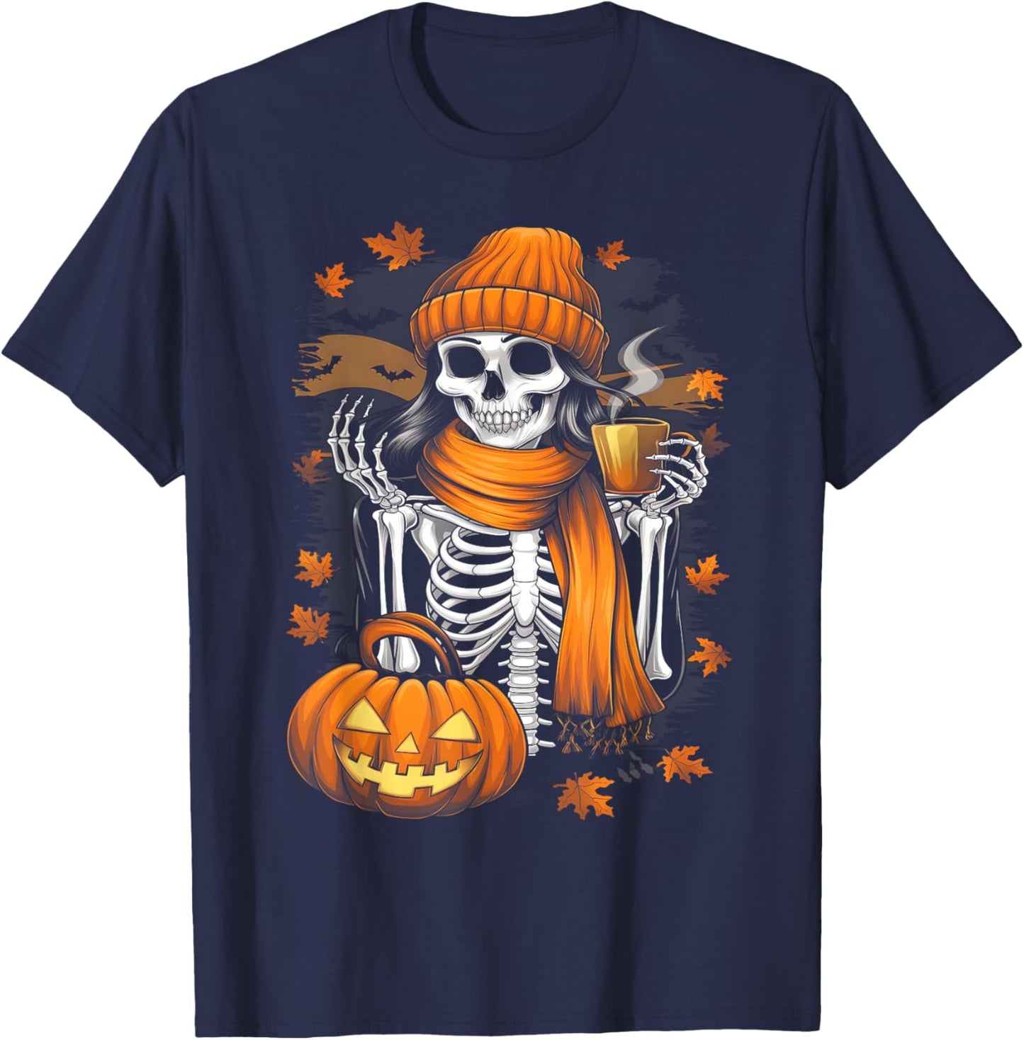 Women Skeleton Drinking Coffee Halloween Skeleton Coffee T-Shirt - T-Shirt | Navy