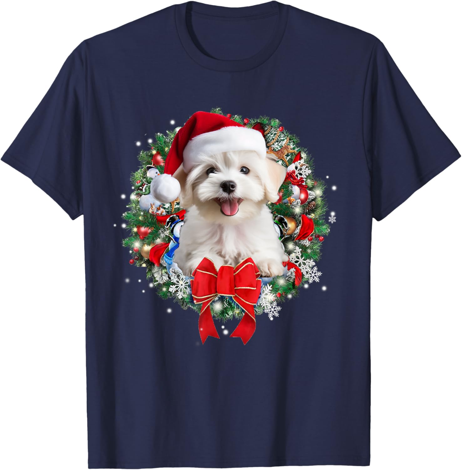 Maltese Christmas Wreath Decoration Xmas Pajamas T-Shirt - T-Shirt | Navy