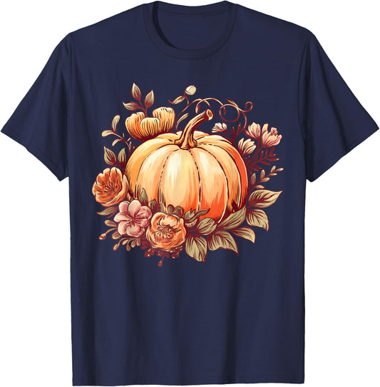 Fall Shirt Women Autumn Pumpkin Graphic Vintage Thanksgiving T-Shirt - T-Shirt | Navy
