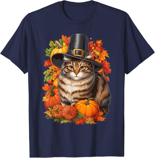 Thanksgiving Pilgrim Cat Lover Autumn Leaves Men Women Kids T-Shirt - T-Shirt | Navy