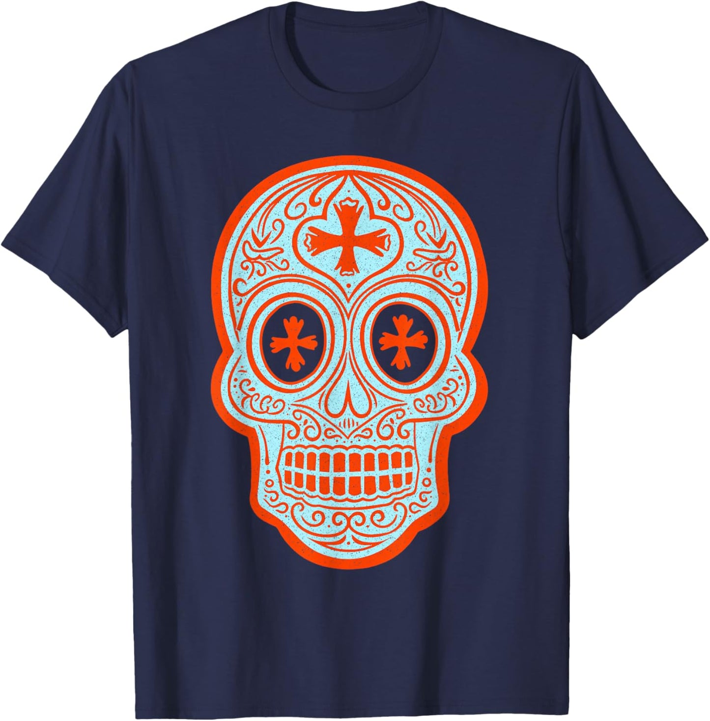 Vintage Calavera Sugar Skull Orange and Blue Design T-Shirt - T-Shirt | Navy