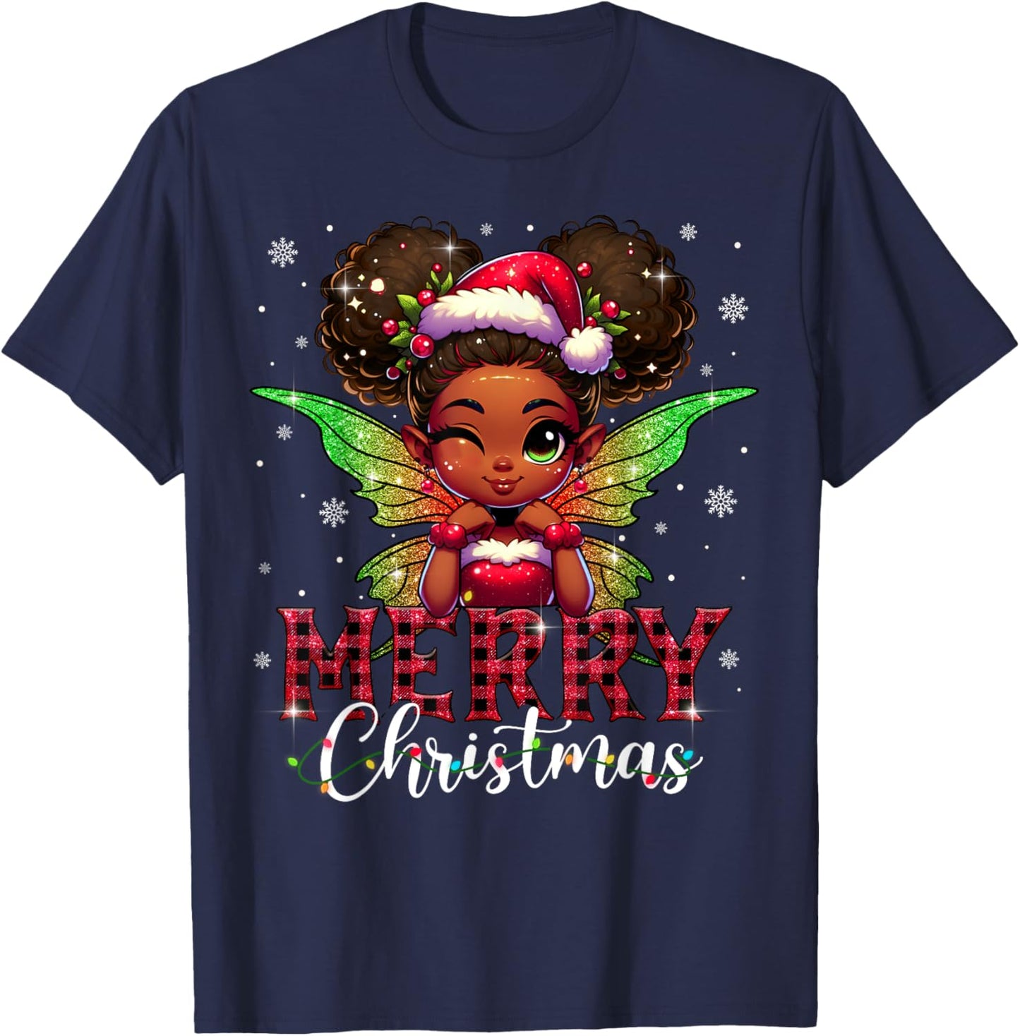 African American Merry Christmas Cute Black Girl Kids T-Shirt - T-Shirt | Navy